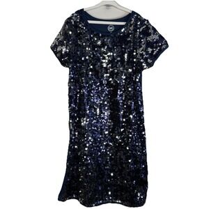 WONDER NATION GIRL'S Navy PULLOVER KNIT DRESS W/SEQUIN FRONT L (10/12) Holiday
